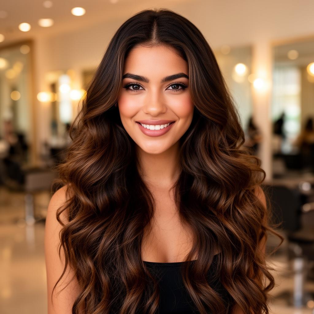 Beauty model with long dark wavy hair styled at Hair Day Beauty Salon